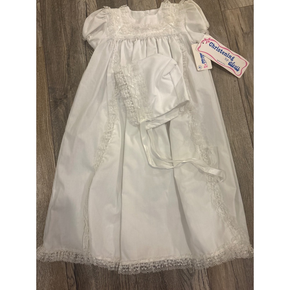 Vintage Alexis Christening Gown and Bonnet Set White Lace 6 Months NWT USA